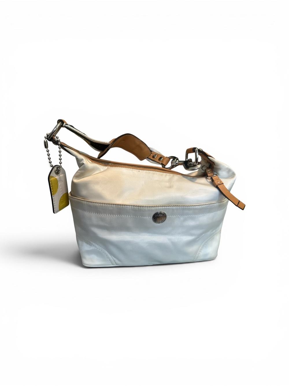 2007 Coach White Nylon Shoulder Bag with Tan Strap and Yellow Tag